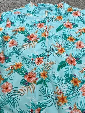 Cabana Life Aqua Tropical Zip-Front Rashguard Top with Gold Hardware Size 3X